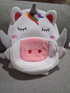 Akoo Plush Unicorn Kids Backpack - White, Pink, Gray with Rainbow Mane